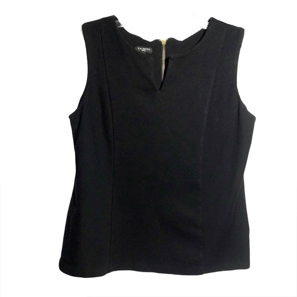 Talbots split neck black sleeveless zip back top office career wear MP